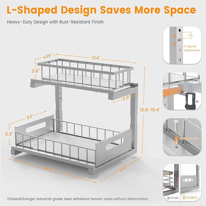 Under Sink Organizer Storage Heavy Duty Metal Slide Out Sink Shelf Organizer Height Adjustable, Multi-Purpose Storage Shelf for Kitchen Bathroom (Silver,1Pack)