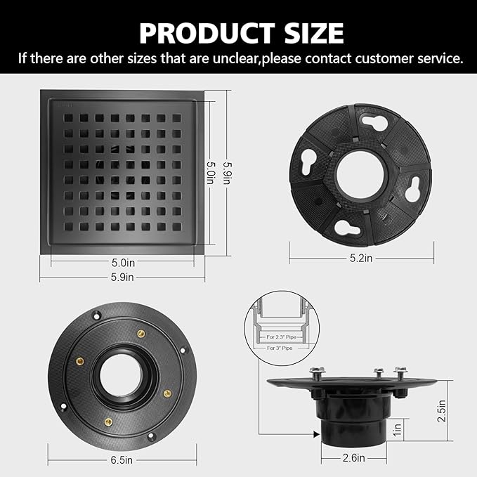 6 Inch Square Shower Drain with Flange, Removeable Grate SUS 304 Stainless Steel Shower Drain with Hair Catcher (Matte Black, 6 Inch)