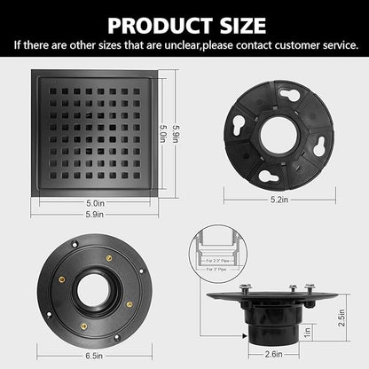 6 Inch Square Shower Drain with Flange, Removeable Grate SUS 304 Stainless Steel Shower Drain with Hair Catcher (Matte Black, 6 Inch)