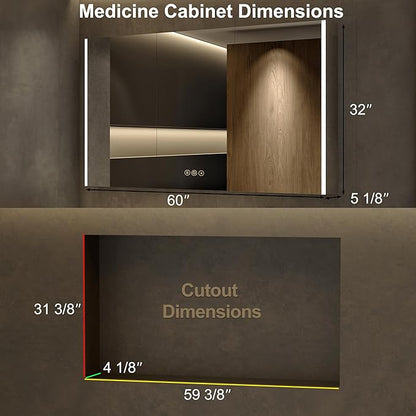 Medicine Cabinet with LED Lights and Mirror, 60 x 32 Inch Surface or Recessed Mounted Bathroom Cabinets with Door, Defogger, Memory Function, 3-Color Mode, Outlet&USB, Dimmer, Storage Shelf