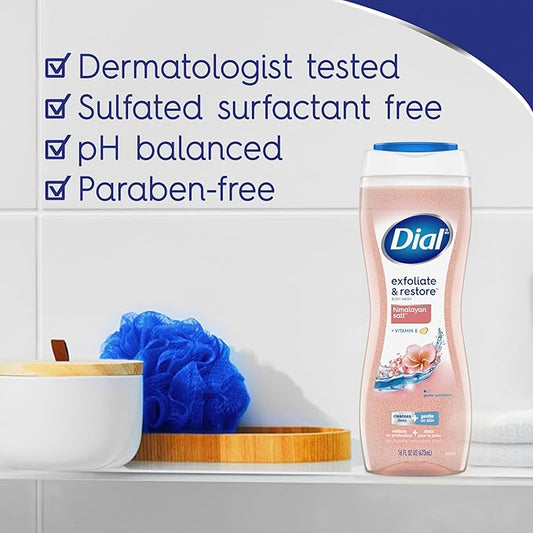 Dial Body Wash, Exfoliate & Restore Himalayan Salt, 16 Fl Oz (Pack of 4), Hydraclean Complex & Vitamin E, Gentle, Leaves Skin Feeling Nourished, Dermatologist-Tested, No Parabens & Sulfates