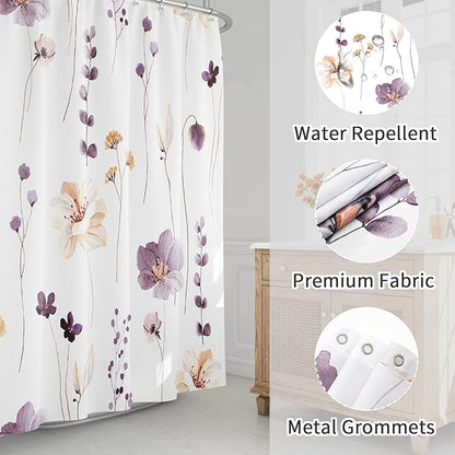 Gibelle Small Stall Shower Curtain 36 x 72, Narrow Half Watercolor Floral Fabric Shower Curtain, Plum Beige Flower Decorative Bathroom Shower Curtain Set