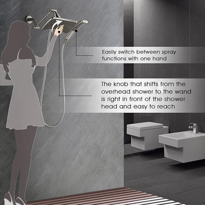 BRIGHT SHOWERS High Pressure Shower Head Combo with Two Spray Setting Fixed Shower Head and Two Spray Settings Handheld Shower Head with Grey Face, Brushed Nickel