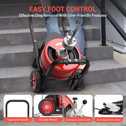 Electric Drain Cleaning Machine 100Ft 3/4 Inch, 750W Auto Feed Portable Sewer Snake, Drain Auger with 6 Cutter and Air-Activated Foot Switch for 4"–8" Pipes