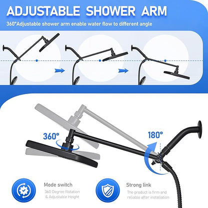 Wide Rain Shower Head With 5 Modes Handheld Showerheads, High Pressure Showerhead Combo with Extension Arm for Bathroom Accessories, Adjustable Shower Head with Anti-Clog Nozzles (Black)