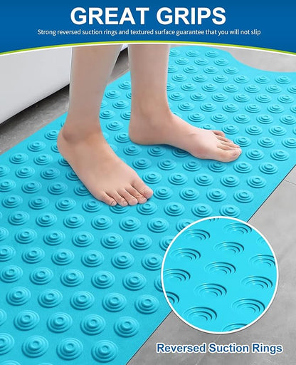 Bligli Bathtub Mat Non-Slip Without Suction Cups, 39x16inch Extra Long Bath Mats for Shower Bathroom, Machine Washable Natural Rubber Shower Tub Mat (39x16inch, Blue)