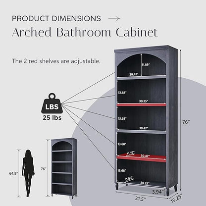 76" Tall Arched Bathroom Storage Cabinet, 5 Tiers Large Farmhouse Arched Cabinet w/Adjustable Shelves, Modern Wooden Storage Cabinet for Bathroom, Living Room, Entryway, Study Room (Dark Grey)