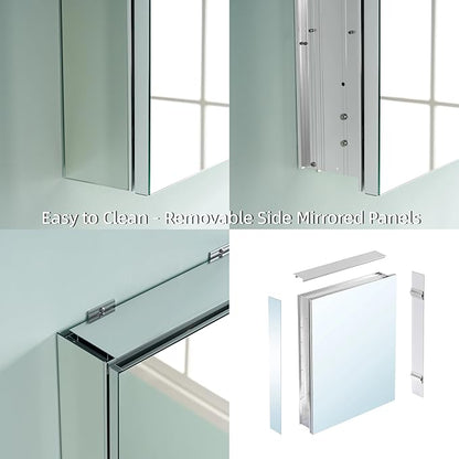 WELLFOR 20" x 36" Bathroom Medicine Cabinet, Anodized Chrome Aluminum Frame, Medicine Cabinet with Adjustable Glass Shelves, Bathroom Cabinet with Reverse Door Installation, Surface or Recess Mount