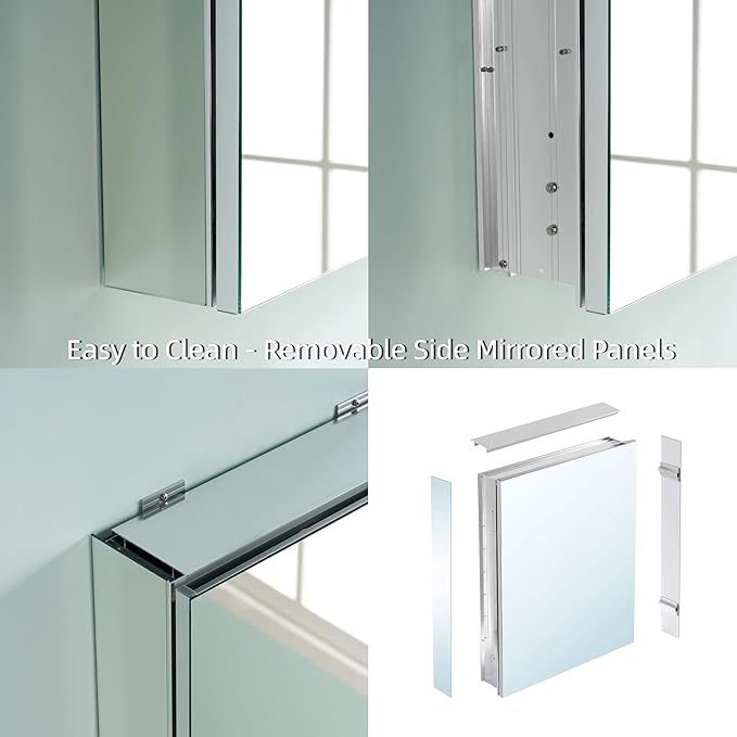 WELLFOR 16" x 36" Bathroom Medicine Cabinet, Anodized Chrome Aluminum Frame, Medicine Cabinet with Adjustable Glass Shelves, Bathroom Cabinet with Reverse Door Installation, Surface or Recess Mount