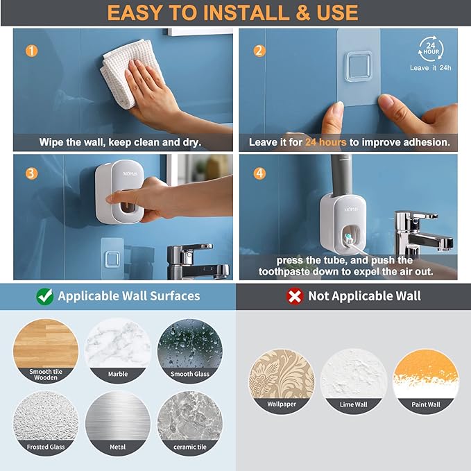 MOPMS Toothpaste Dispenser Wall Mounted for Bathroom Automatic Toothpaste Squeezer for Kids and Adult (Grey-1Pcs)