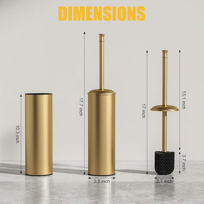 BESy Toilet Brush and Holder, Toilet Cleaner Bowl Set with Two Brush with Extra Long Handle, Durable Bristles Toilet Scrubber and Covered Holder, Drip-Proof Stainless Steel Brushed Gold