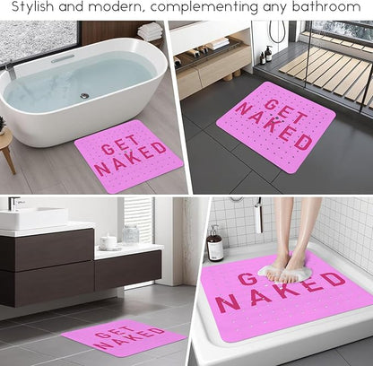 Bathtub Mat Non Slip, Get Naked Square Bath tub Mat Shower Floor Mat with Suction Cups for Adults Kids Elderly 21 X 21 Inch