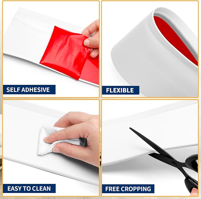 Flexible Baseboard Molding Trim 6 Inch Self-Adhesive Vinyl Wall Base Peel and Stick Cove Base Rubber Wall Baseboard Moulding Trim (60Ft, White)