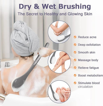 VANZAVANZU Exfoliating Shower Brush Back Scrubbers for Use in Shower, Plastic Bath Brush Long Handle for Shower with Moderate Bristles, Dry or Wet Back Brush for Shower Men Women-Grey