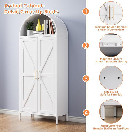 Kitchen Pantry Cabinet, Metal Arched Storage Cabinet with Doors and Adjustable Shelves, Farmhouse Cupboard for Dining Room, Living Room, Bathroom(White