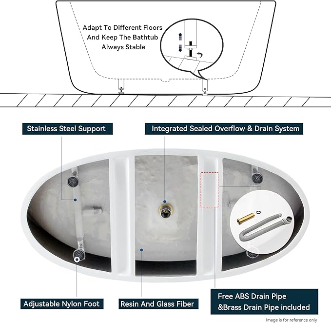FerdY Naha Elite 59" Acrylic Freestanding Bathtub, Curve Edge Freestanding Soaking Bathtub, Glossy White, cUPC Certified, Chrome Drain & Minimalist Linear Design Overflow Included