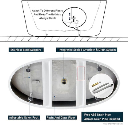 FerdY Naha Elite 59" Acrylic Freestanding Bathtub, Curve Edge Freestanding Soaking Bathtub, Glossy White, cUPC Certified, Chrome Drain & Minimalist Linear Design Overflow Included