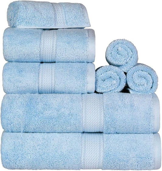 BLUENILEMILLS Madison Egyptian Cotton Towels, Towel Set for Bathroom, Shower, Hotel, Plush, 800 GSM, Highly Absorbent and Ultra-Soft Towels, Bath Essentials, 8 Piece Assorted Towel Set, Light Blue