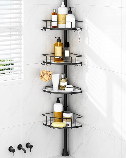 ALLZONE Corner Shower Caddy Tension Pole – Rust-Free Stainless Steel Shower Organizer with Adjustable Storage Shelves, Drill-Free Installation, Quick Setup, Extends from 34 to 116 Inches