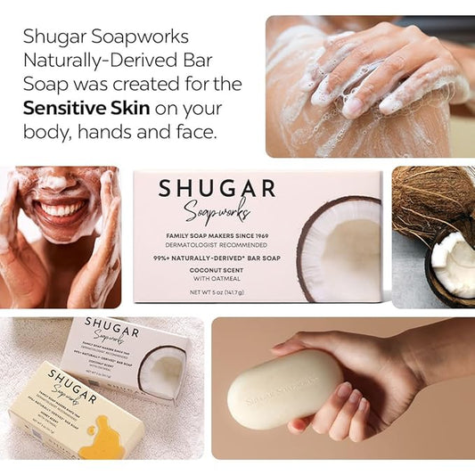 Shugar Soapworks Oatmeal & Coconut 5 oz Beauty Bar Soap 8-Pack | Plant-Based Vegan Formula | Sulfate & Paraben Free | Moisturizing Gentle Cleanser with Finely Ground Oatmeal Flakes
