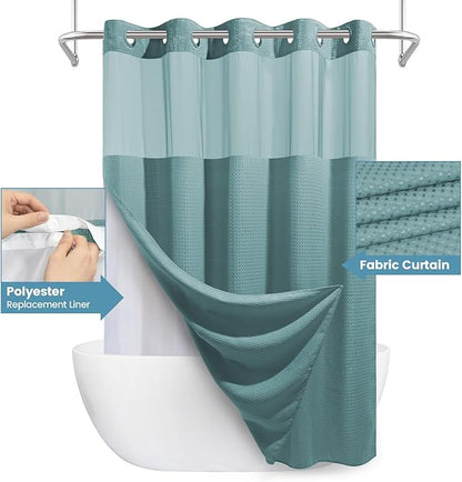 Teal No Hook Shower Curtain with Snap in Liner,230GSM Waffle Weave Shower Curtains for Bathroom,71W x 74H
