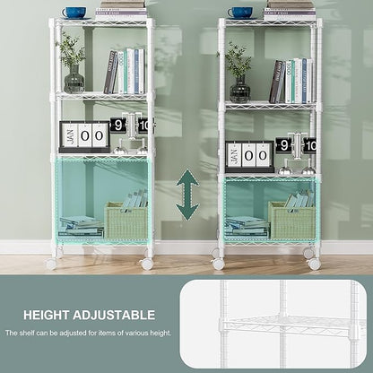 1000 lbs 4-Shelf Adjustable Heavy Duty Steel Wire Rack, Adjustable Storage Shelving Unit with Wheel for Kitchen, Garage, Laundry White 11.8" D x 17.7" W x 40.8" H