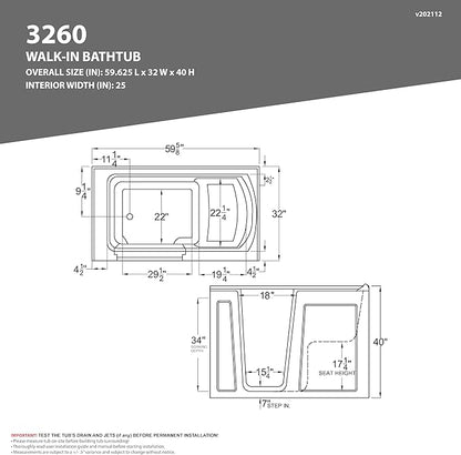 ANZZI Tubs Series Left Drain Quick Fill Walk-In Whirlpool and Air Tub with Powered Fast Drain in White Finish 32 in. x 60 in. | AMZ3260LWD