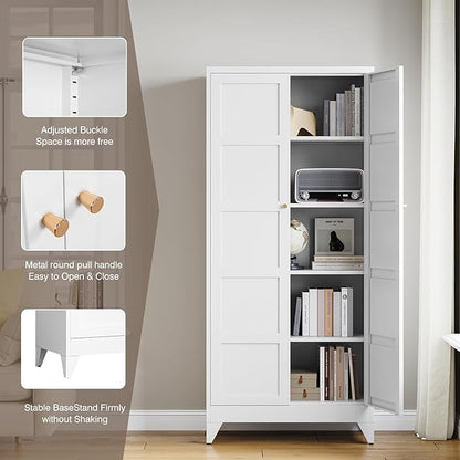 Yizosh Metal Storage Cabinet with 2 Doors and 4 Adjustable Shelves,- 72" White Kitchen Pantry Storage Cabinet for Kitchen,Living Room,Dining Room