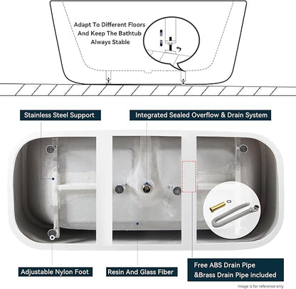 FerdY Maui 67" Freestanding Bathtub Elegant Freestanding Soaking Bathtub, Glossy White, cUPC Certified, Toe-Tap Chrome Drain & Overflow Assembly Included, 02563