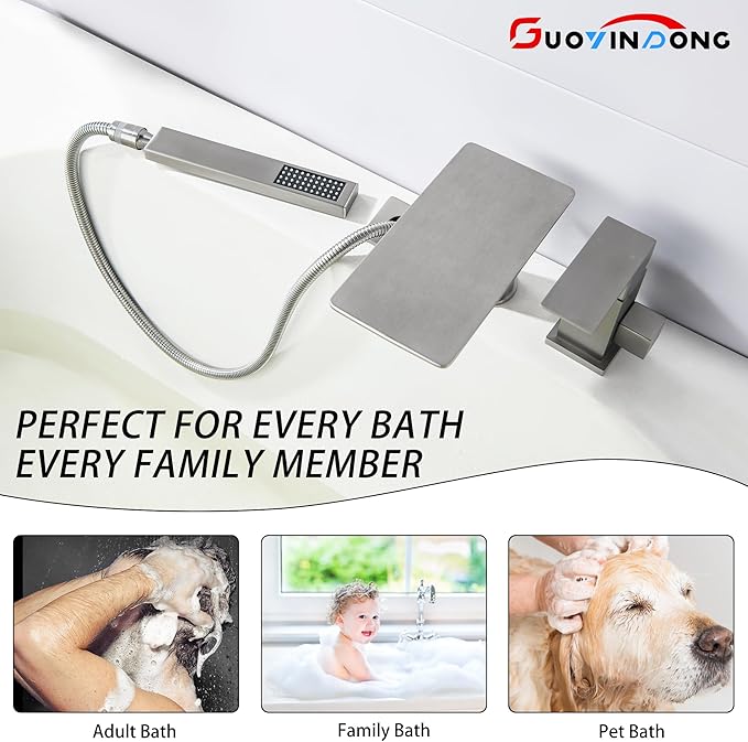 Waterfall Roman Tub Faucet with Sprayer, Deck Mount Tub Faucet Single Handle 3 hole Roman Tub Faucet High Flow Bathtub Faucet Set, Brushed Nickel