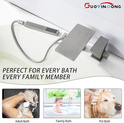 Waterfall Roman Tub Faucet with Sprayer, Deck Mount Tub Faucet Single Handle 3 hole Roman Tub Faucet High Flow Bathtub Faucet Set, Brushed Nickel
