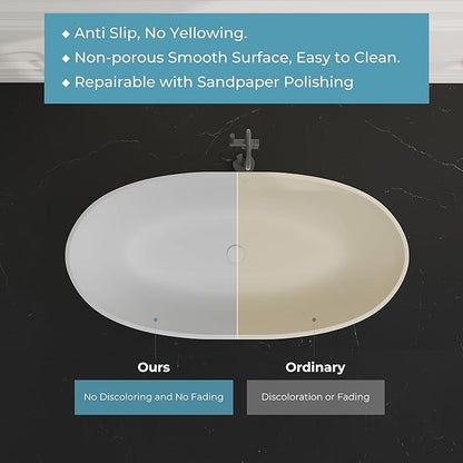 71" Premium Solid Surface Freestanding Bathtubs, Oval Stone Resin Tub with Overflow and Pop-up Drain, Matte White