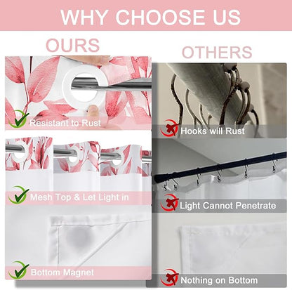 No Hook Shower Curtain and Liner Set, Pink Eucalyptus Floral Shower Curtains for Bathroom, Bath Curtain Sets with Snap in Liner, Waterproof with See Through Top Window, 71x77 Inches