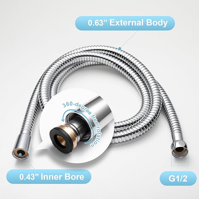 OFFO Shower Hose High Flow 0.43” Large Bore, 48 in Kink Free Stainless Steel Shower Head Hose Replacement G1/2”, Leak-proof Extra Long Flex Handheld for Pet Bathing Cleaning, Chrome