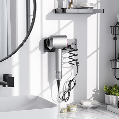 Tindbea Hair Dryer Holder + Curling Iron Holder,Blow Dryer Holder Wall Mount, Bathroom Hair Tool Organizer Rack for Universal Dryer Matte Black