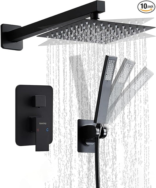 12 Inch Matte Black Shower Faucet Set with Square Rain Shower Head and Handheld Spray, Wall Mounted Rainfall Shower Head with Handheld Combo, Bathroom luxury Shower System with Valve and Trim