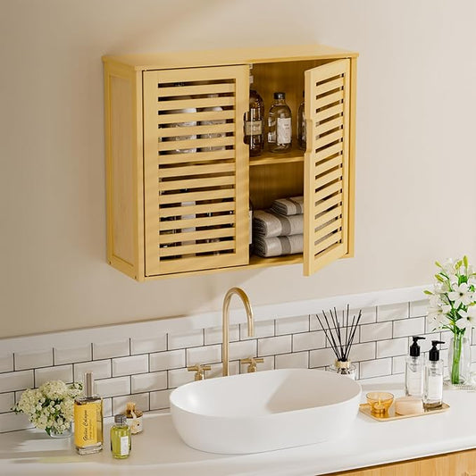 HITNET Bathroom Wall Cabinet, Medicine Cabinet Over The Toilet, Bamboo Hanging Storage Organizer with 2 Doors and Adjustable Shelf for Kitchen, Living Room, Natural