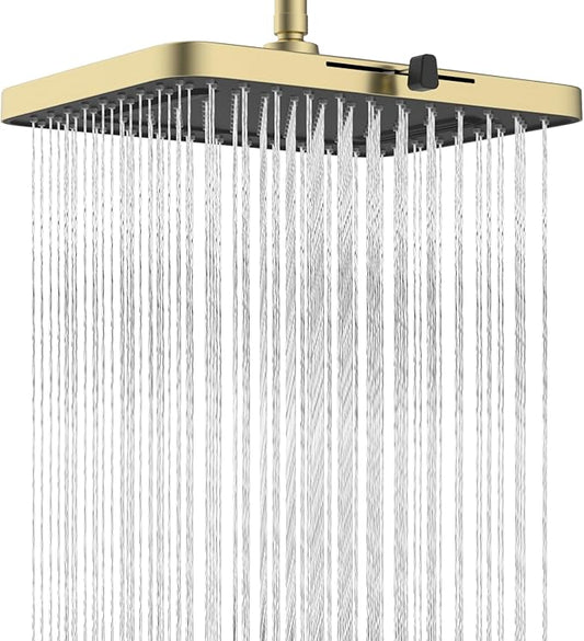 Hibbent 5 Spray Modes Shower Head, 13'' High Pressure Rain Shower Head, Large Rainfall Showerhead for Bathroom, High Flow Waterfall Fixed Showerheads with Adjustable Swivel Ball Joint, Brushed Gold