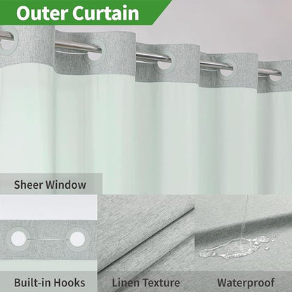 Stall No Hooks Needed Linen Textured Shower Curtain with Snap-in Fabric Liner Set,Hotel Luxury Decor Farmhouse Shower Curtains for Bathroom,Waterproof & Washable,54Wx80H,Sage Green