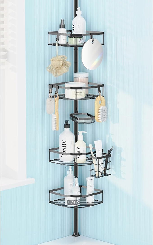 Shower Caddy Tension Pole, 4-Tier Adjustable Corner Shower Standing Caddy, Rustproof Rack for Bathroom Bathtub, with 4 Shelves, No Drilling Corner Bathroom Shelf for Inside (Black)