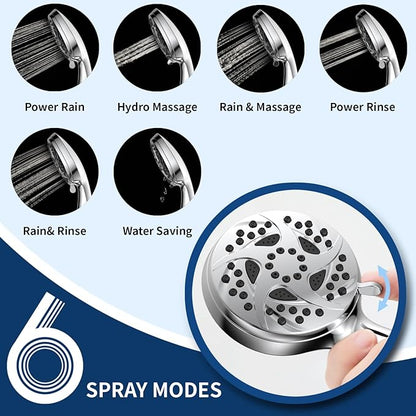 Hand Held Shower Head, High Pressure 6 Spray Mode Handheld Showerhead, Chrome Shower Head with 59 Inch Stainless Steel Hose and Adjustable Bracket