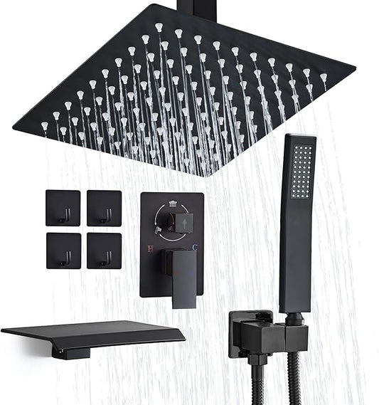12 Inch Ceiling Mount Shower System Matte Black Rain Mixer Shower Combo Set High Pressure Rainfall Shower Head System Bathroom Luxury Shower Faucet Set Rough-in Valve and Shower Trim Included