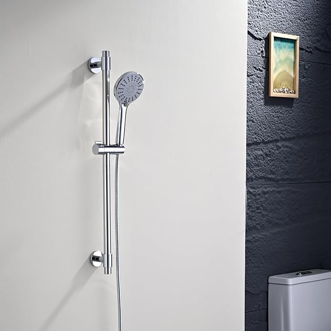 Adjustable Shower Slide Bar with 5-Function Handheld Shower Head, Stainless Steel Grab Slide Bar Combo with Extra Hose (Chrome)