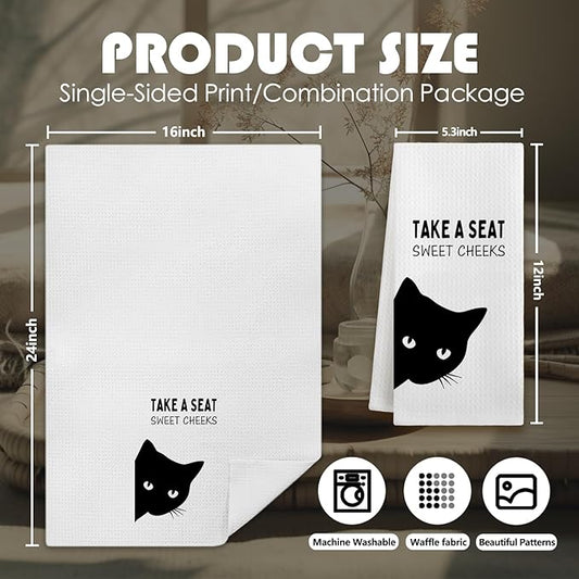 Funny Black Cat Bathroom Hand Towels, Cat Bathroom Decor, Sweet Cheeks Funny Kitten Kitty Decorative Hand Tea Towels for Washroom Restroom, 16x24 Inches Set of 2