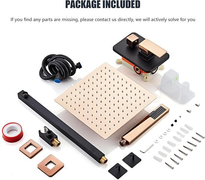 Shower Faucet Set, Matte Black and Rose Gold Rainfall Shower System Complete Wall Mounted for Bathroom with 12 Inch Square Shower Head and Handheld Shower Head Rain Mixer Combo Set