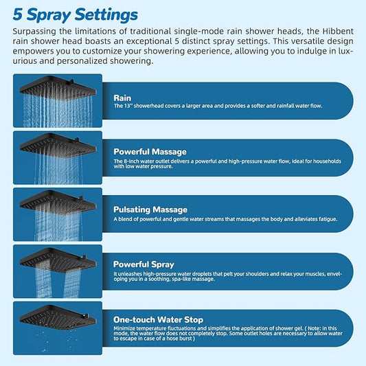 Hibbent cUPC Certified 13'' Shower Head Combo, High Pressure 5 Spray Rainfall Showerhead, 10 Spray Mode Handheld, All Metal Easy Reach 4-way Diverter Arm with Pause Mode, 71'' Hose and Holder, Black