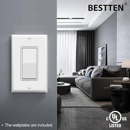 BESTTEN 10 Pack Single Pole Decorator Light Switch with Wallplate, 15A 120/277V, Rocker Paddle Wall Switch, On/Off Interrupter for LED and Other Lamps