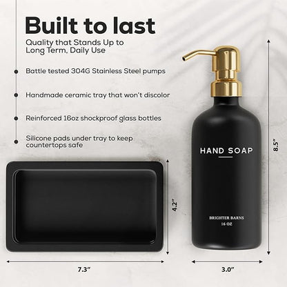 Luxury Glass Soap and Lotion Dispenser Set with Tray by Brighter Barns - Black and Gold Soap Dispenser Bathroom Set - Modern Bathroom Decor for Airbnb, Guest House, Vacation Rental, Gift (Black/Gold)