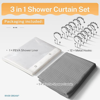 River Dream 3 in 1 Shower Curtain Set, Stall Waffle Fabric Shower Curtain and Waterproof Clear Liner Set with Double Sided Metal Hooks, Grey, 36" W*72" H
