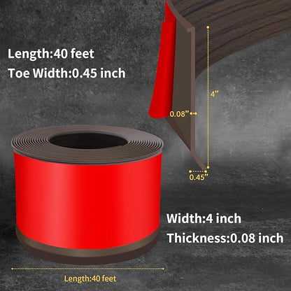 Flexible Baseboard Molding Trim 4 Inch Self-Adhesive Vinyl Wall Base Peel and Stick Cove Base Rubber Wall Baseboard Moulding Trim (40Ft, Brown Oak)